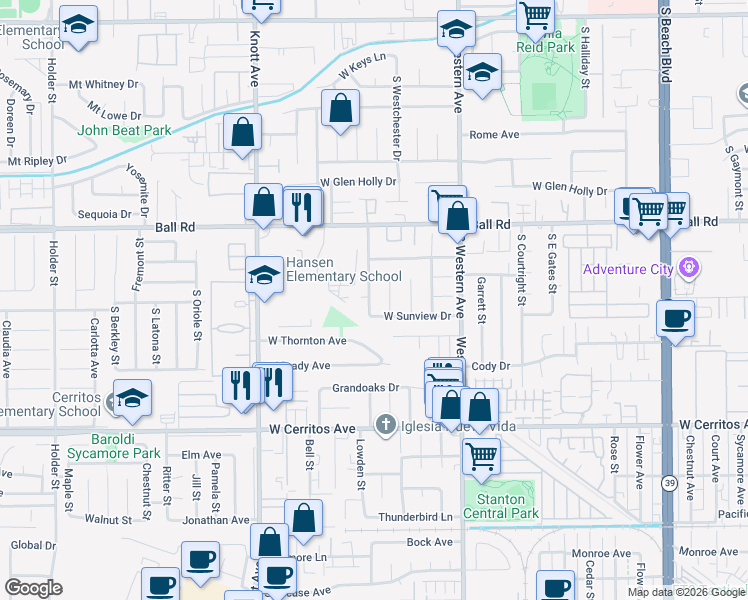 map of restaurants, bars, coffee shops, grocery stores, and more near 1324 South Oakhaven Drive in Anaheim