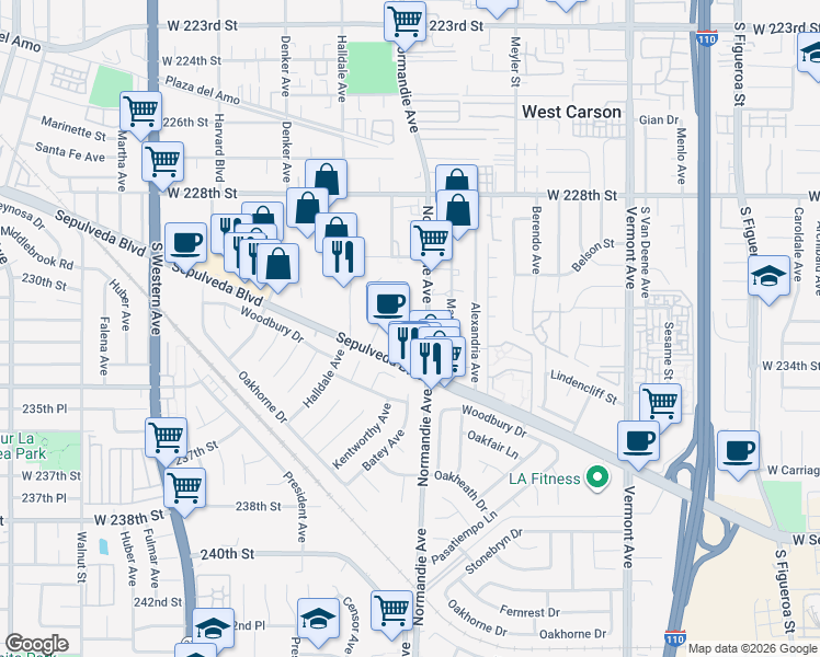 map of restaurants, bars, coffee shops, grocery stores, and more near 23211 Normandie Avenue in Torrance