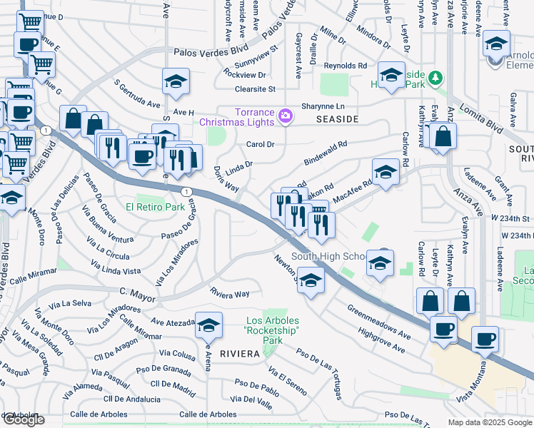 map of restaurants, bars, coffee shops, grocery stores, and more near 5312 Doris Way in Torrance