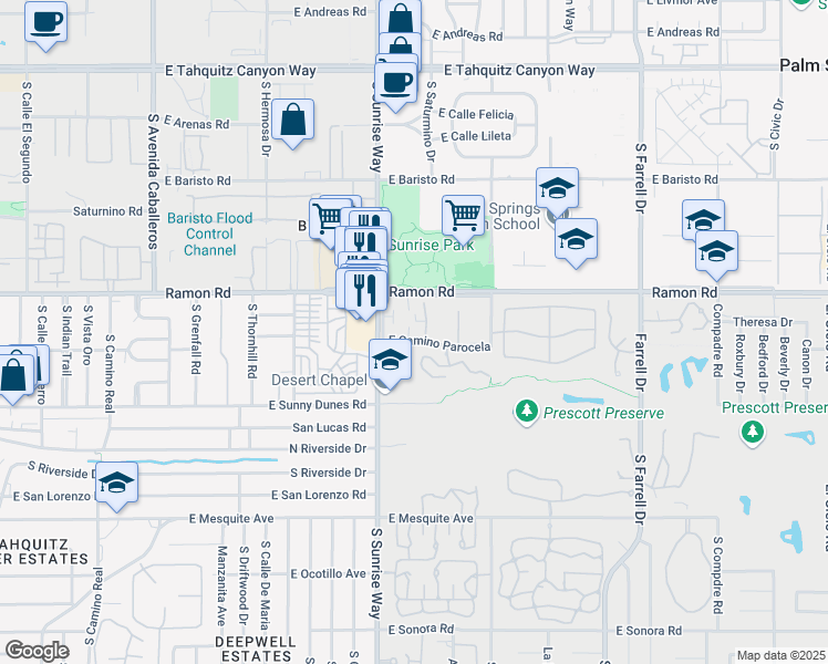 map of restaurants, bars, coffee shops, grocery stores, and more near 1726 East Cam Parocela in Palm Springs