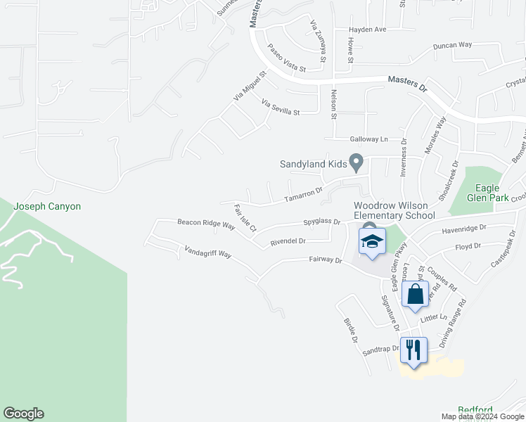 map of restaurants, bars, coffee shops, grocery stores, and more near 1620 Tamarron Drive in Corona