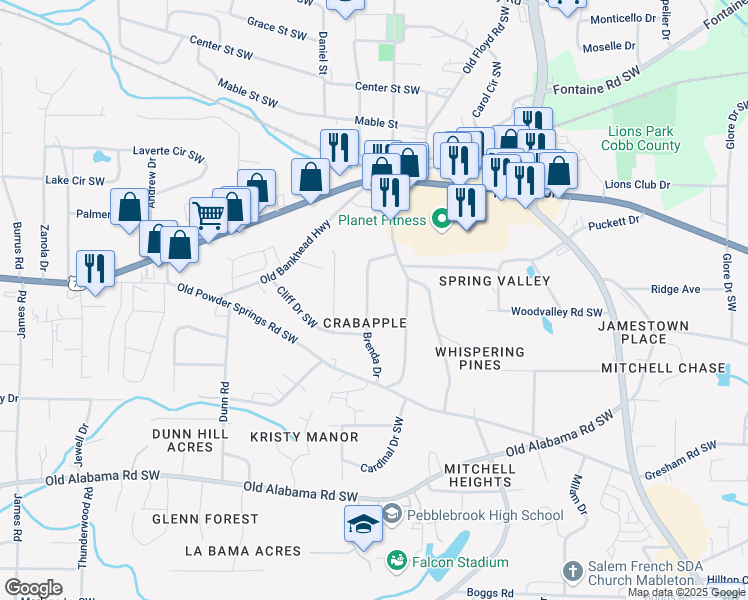 map of restaurants, bars, coffee shops, grocery stores, and more near 5725 Brenda Drive in Mableton
