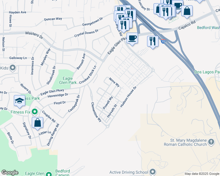 map of restaurants, bars, coffee shops, grocery stores, and more near 4129 Adishian Way in Corona