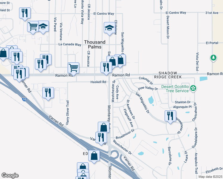 map of restaurants, bars, coffee shops, grocery stores, and more near 32167 Westchester Drive in Thousand Palms