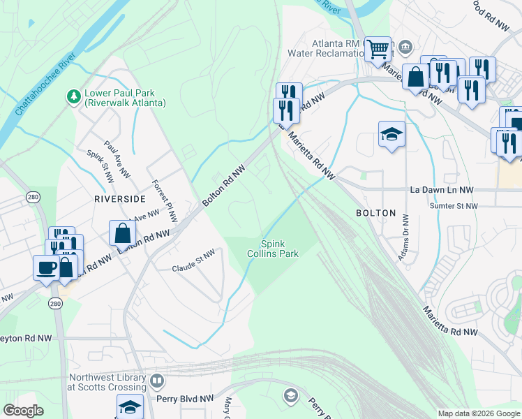 map of restaurants, bars, coffee shops, grocery stores, and more near 2161 Collins Drive Northwest in Atlanta