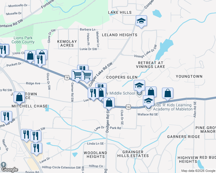 map of restaurants, bars, coffee shops, grocery stores, and more near 120 Veterans Memorial Highway Southwest in Mableton