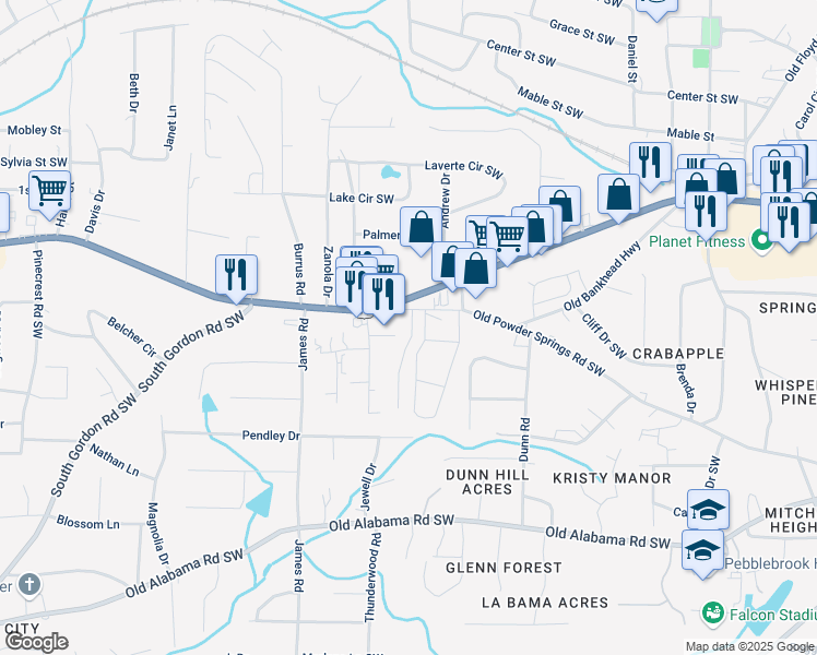 map of restaurants, bars, coffee shops, grocery stores, and more near 5726 Silver Lake Drive in Mableton
