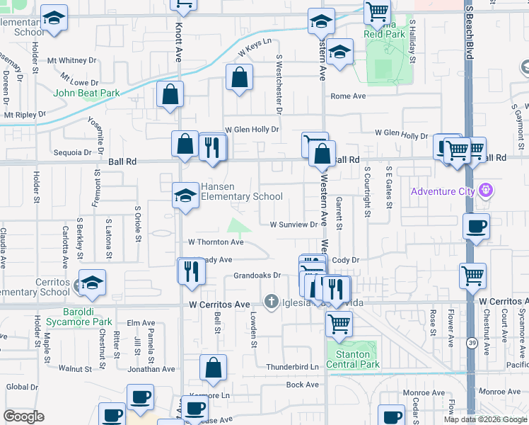 map of restaurants, bars, coffee shops, grocery stores, and more near 1324 South Oakhaven Drive in Anaheim