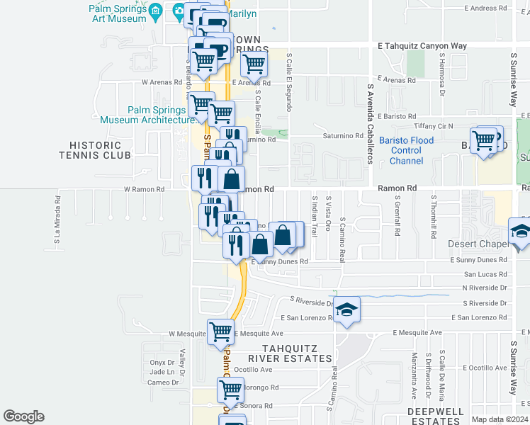 map of restaurants, bars, coffee shops, grocery stores, and more near 567 Calle Santa Rosa South in Palm Springs