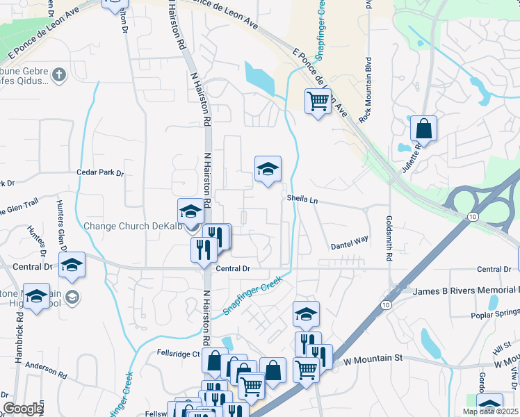 map of restaurants, bars, coffee shops, grocery stores, and more near Ardwick Drive in DeKalb County
