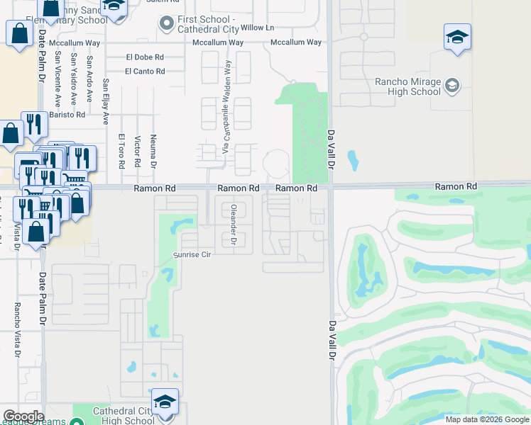 map of restaurants, bars, coffee shops, grocery stores, and more near 69801 Ramon Road in Cathedral City