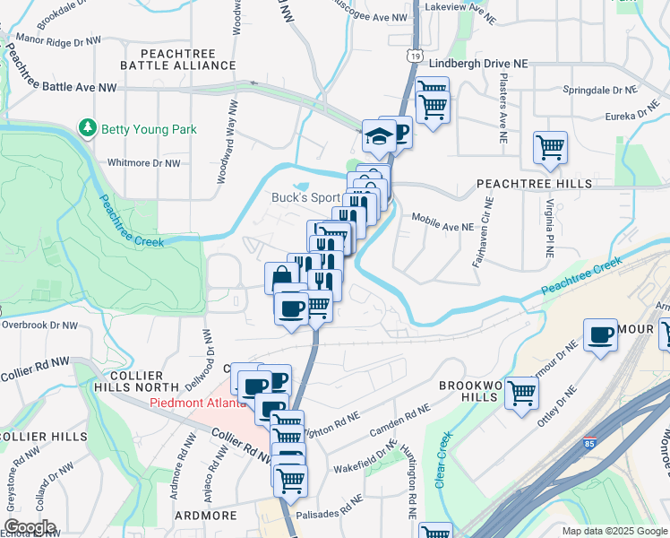 map of restaurants, bars, coffee shops, grocery stores, and more near 2221 Peachtree Road Northeast in Atlanta