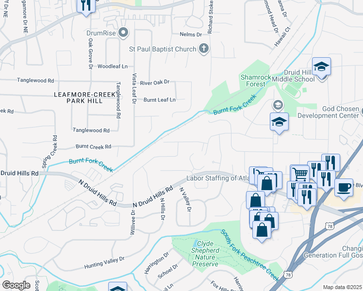 map of restaurants, bars, coffee shops, grocery stores, and more near 2543 Wilson Woods Drive in Decatur