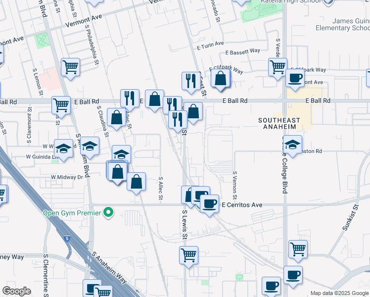map of restaurants, bars, coffee shops, grocery stores, and more near 1322 South Lewis Street in Anaheim