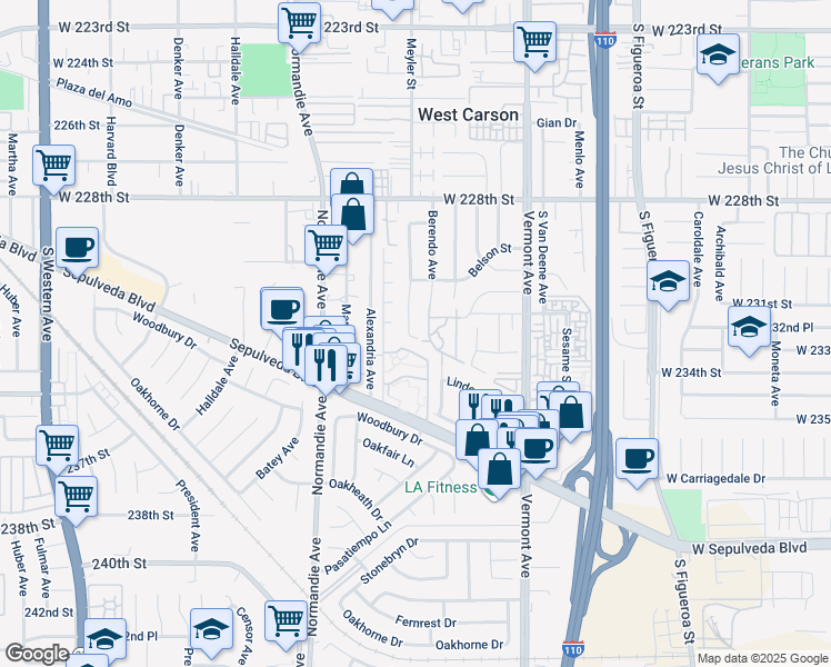 map of restaurants, bars, coffee shops, grocery stores, and more near 1065 Rayland Drive in Torrance