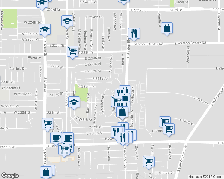 map of restaurants, bars, coffee shops, grocery stores, and more near 23230 Anchor Avenue in Carson