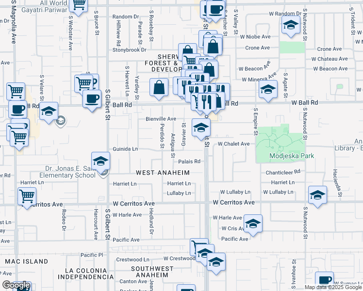 map of restaurants, bars, coffee shops, grocery stores, and more near 10212 Antigua Street in Anaheim