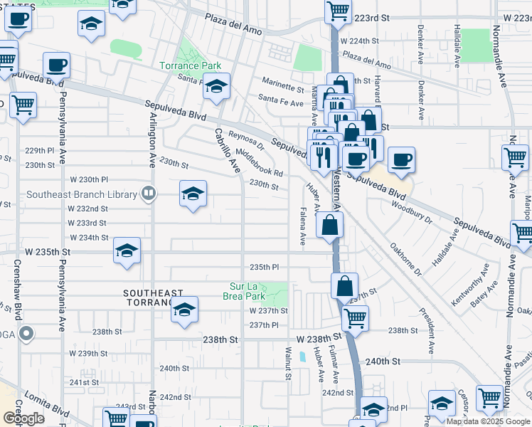 map of restaurants, bars, coffee shops, grocery stores, and more near 1923 West 233rd Street in Torrance
