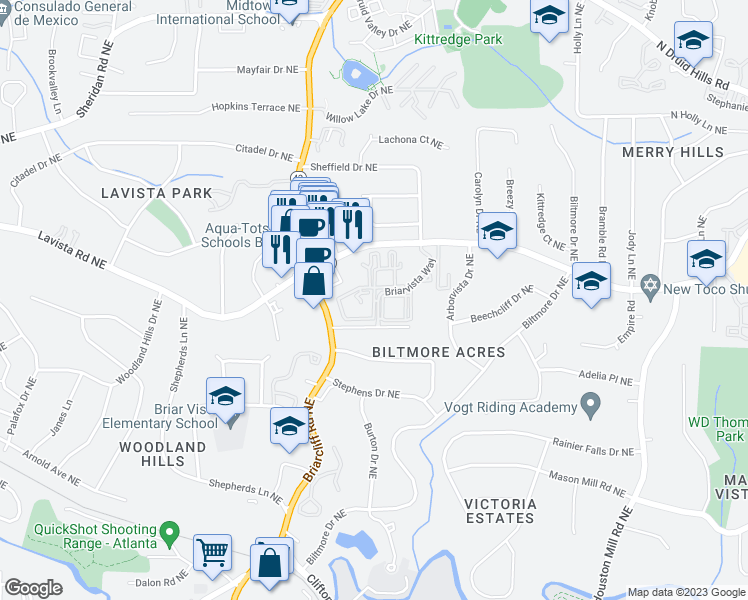 map of restaurants, bars, coffee shops, grocery stores, and more near Briarvista Way Northeast in Atlanta