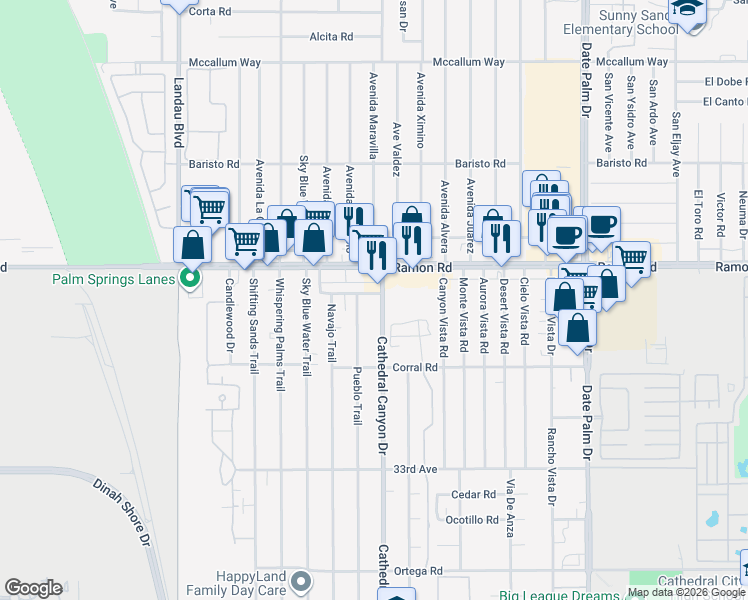 map of restaurants, bars, coffee shops, grocery stores, and more near 32175 Cathedral Canyon Drive in Cathedral City