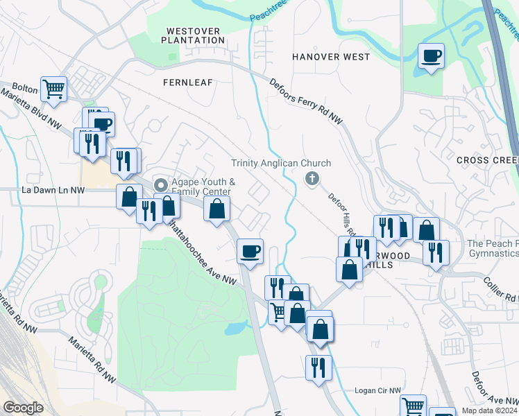 map of restaurants, bars, coffee shops, grocery stores, and more near 1761 Liberty Parkway Northwest in Atlanta