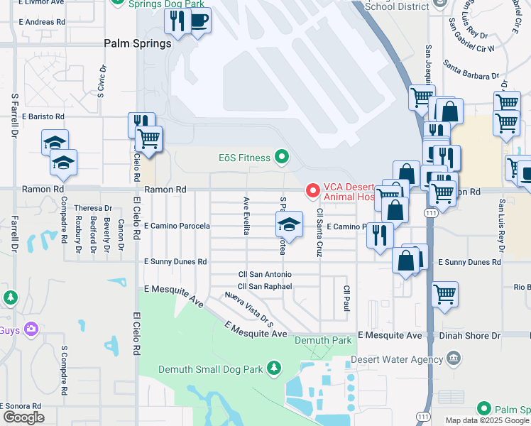 map of restaurants, bars, coffee shops, grocery stores, and more near 3965 East Calle De Carlos in Palm Springs