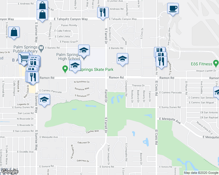 map of restaurants, bars, coffee shops, grocery stores, and more near 500 South Farrell Drive in Palm Springs