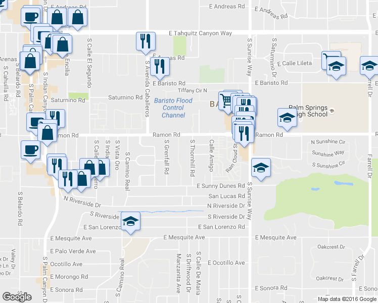 map of restaurants, bars, coffee shops, grocery stores, and more near 595 South Thornhill Road in Palm Springs