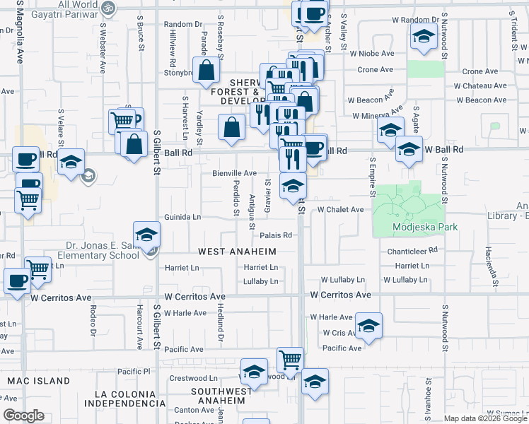 map of restaurants, bars, coffee shops, grocery stores, and more near 10212 Antigua Street in Anaheim
