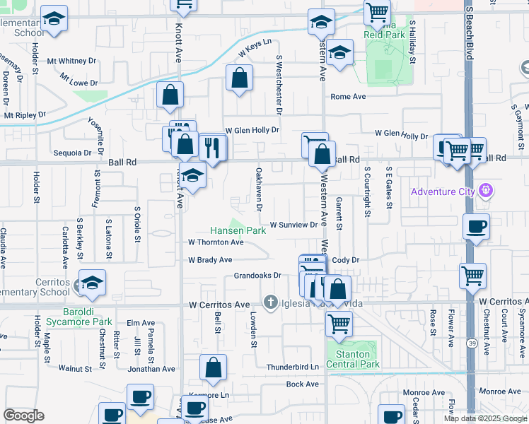 map of restaurants, bars, coffee shops, grocery stores, and more near 1326 South Westchester Drive in Anaheim