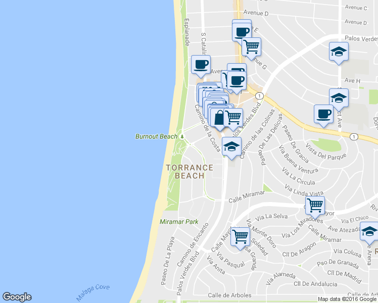 map of restaurants, bars, coffee shops, grocery stores, and more near 213 Calle Miramar in Redondo Beach
