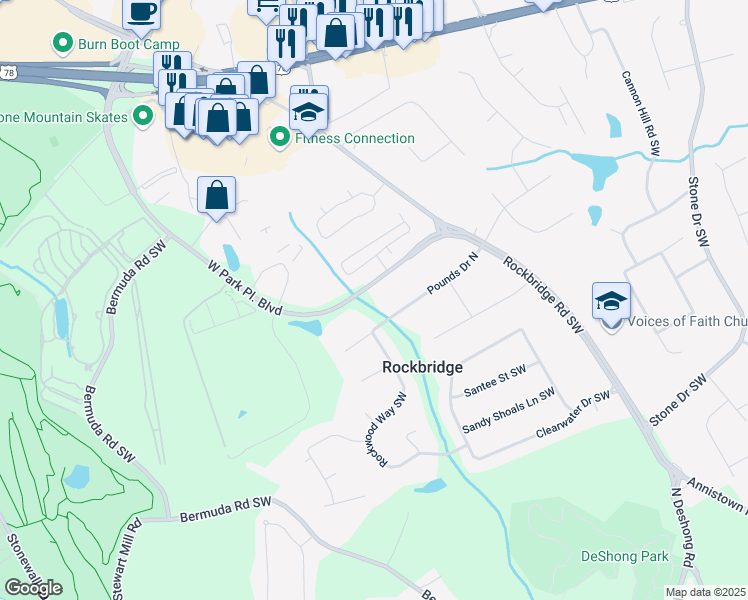 map of restaurants, bars, coffee shops, grocery stores, and more near 2415 West Park Place Boulevard in Stone Mountain