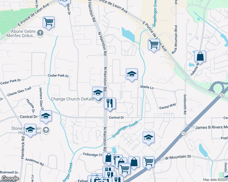 map of restaurants, bars, coffee shops, grocery stores, and more near Ardwick Dr in Stone Mountain