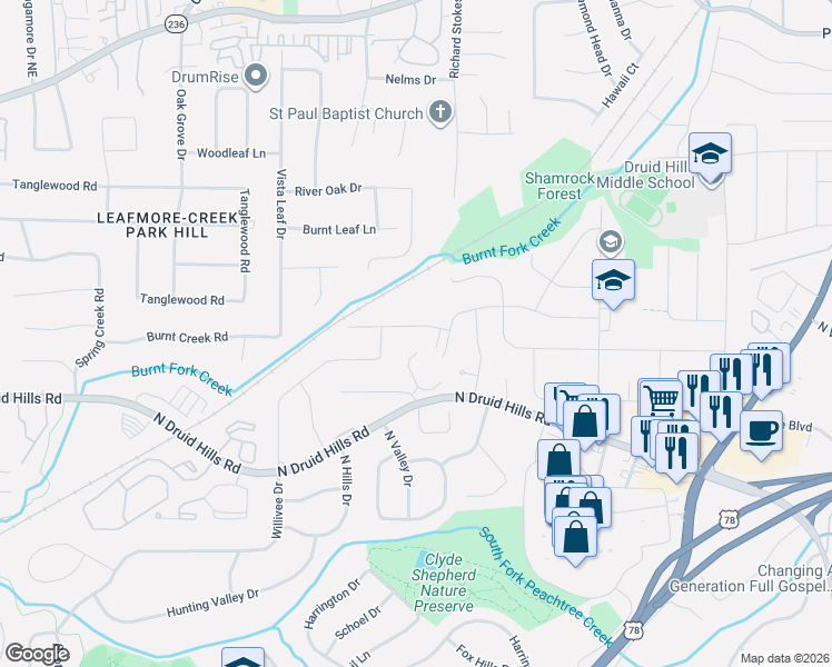 map of restaurants, bars, coffee shops, grocery stores, and more near 2583 Wilson Woods Drive in Decatur