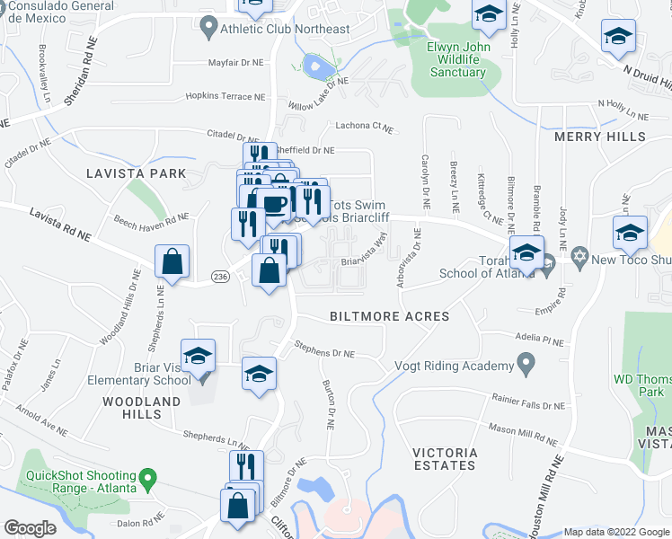 map of restaurants, bars, coffee shops, grocery stores, and more near 500 Briarvista Way in Atlanta