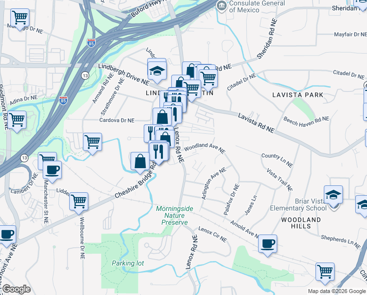 map of restaurants, bars, coffee shops, grocery stores, and more near 2175 Lenox Road Northeast in Atlanta
