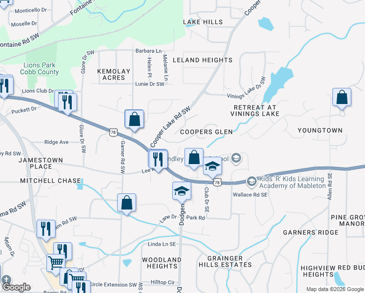 map of restaurants, bars, coffee shops, grocery stores, and more near 120 Veterans Memorial Highway Southwest in Mableton