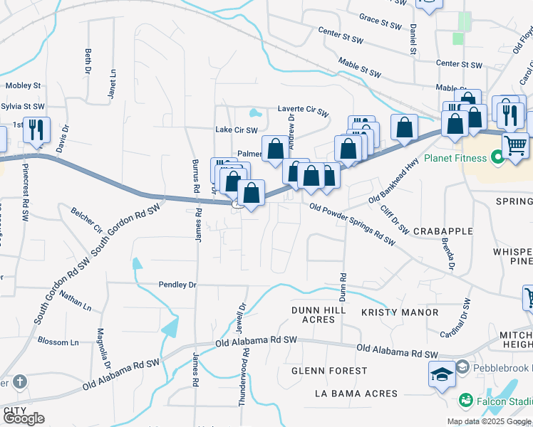 map of restaurants, bars, coffee shops, grocery stores, and more near 5726 Silver Lake Drive in Mableton