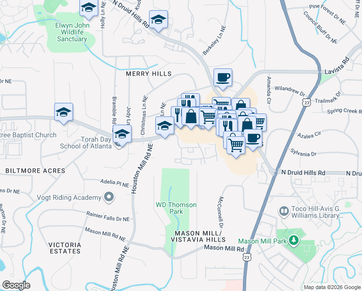 map of restaurants, bars, coffee shops, grocery stores, and more near 1590 Calibre Woods Drive in Atlanta