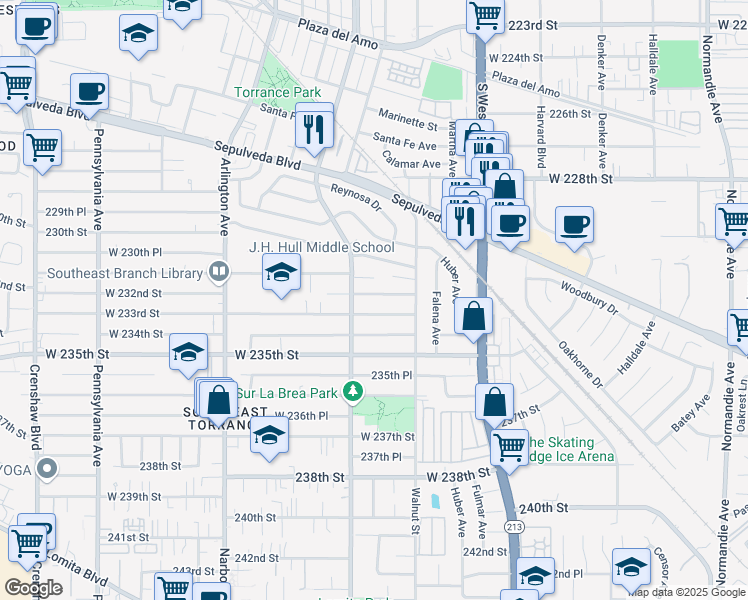 map of restaurants, bars, coffee shops, grocery stores, and more near 1952 West 232nd Street in Torrance