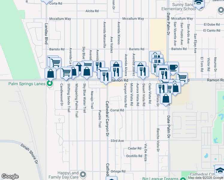map of restaurants, bars, coffee shops, grocery stores, and more near 32200 Cathedral Canyon Drive in Cathedral City