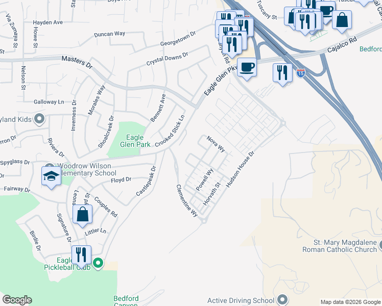 map of restaurants, bars, coffee shops, grocery stores, and more near 2284 Palmer Drive in Corona