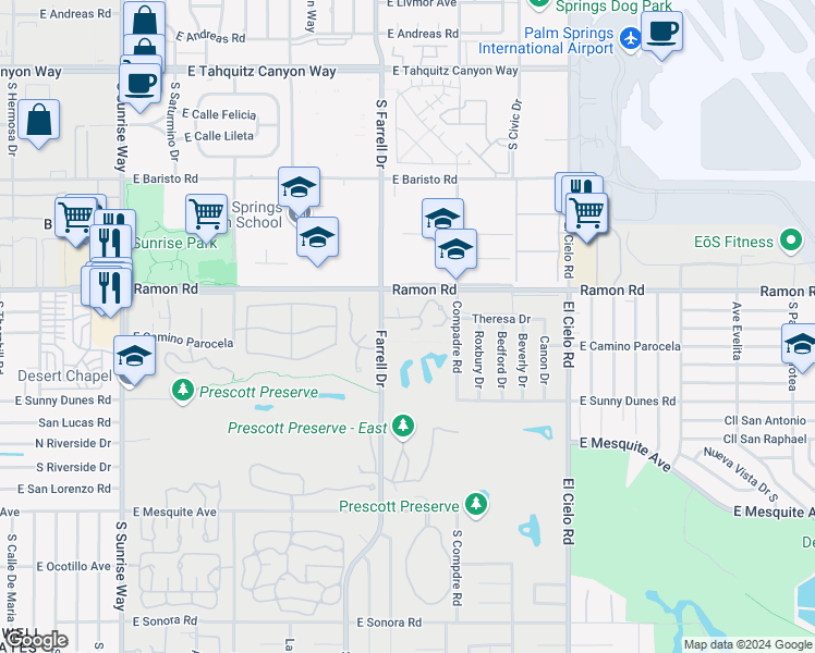map of restaurants, bars, coffee shops, grocery stores, and more near 500 South Farrell Drive in Palm Springs