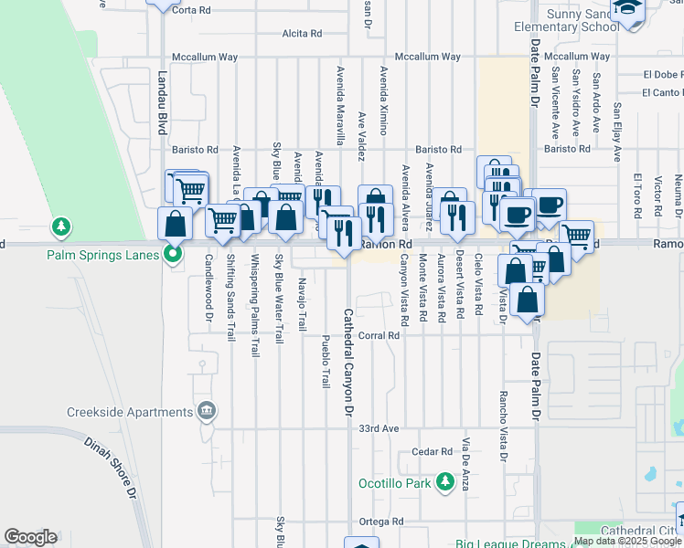 map of restaurants, bars, coffee shops, grocery stores, and more near 32175 Cathedral Canyon Drive in Cathedral City