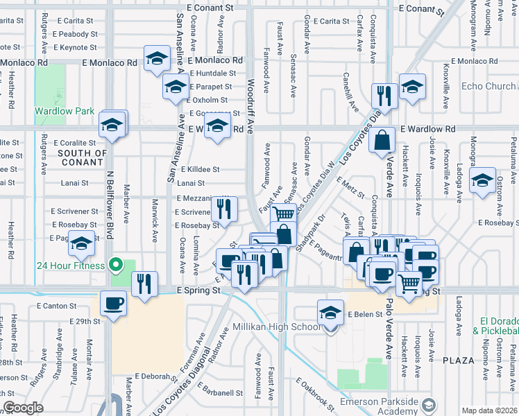 map of restaurants, bars, coffee shops, grocery stores, and more near 3162 Woodruff Avenue in Long Beach