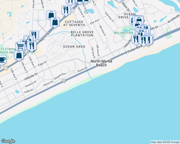 map of restaurants, bars, coffee shops, grocery stores, and more near 801 South Ocean Boulevard in North Myrtle Beach