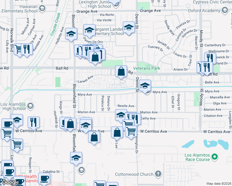 map of restaurants, bars, coffee shops, grocery stores, and more near 4311 Myra Avenue in Cypress