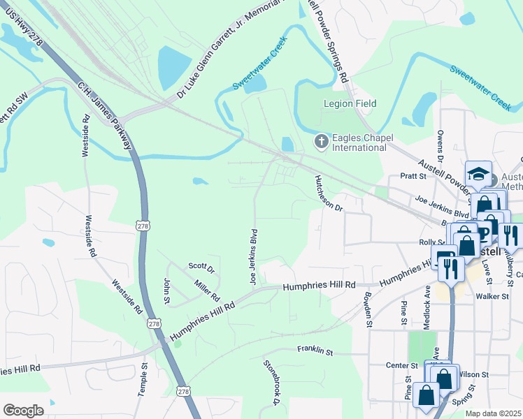 map of restaurants, bars, coffee shops, grocery stores, and more near 5770 Joe Jerkins Boulevard in Austell