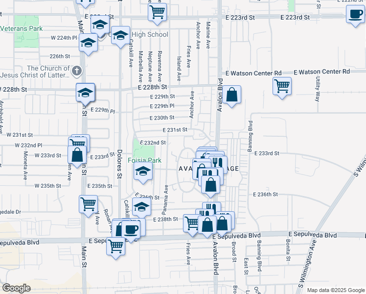 map of restaurants, bars, coffee shops, grocery stores, and more near 23230 Anchor Avenue in Carson