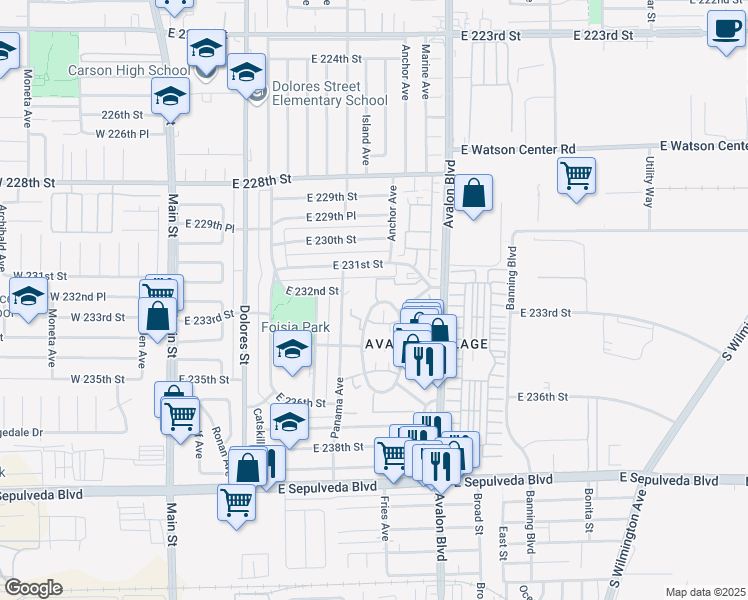 map of restaurants, bars, coffee shops, grocery stores, and more near 23263 Maribel Avenue in Carson